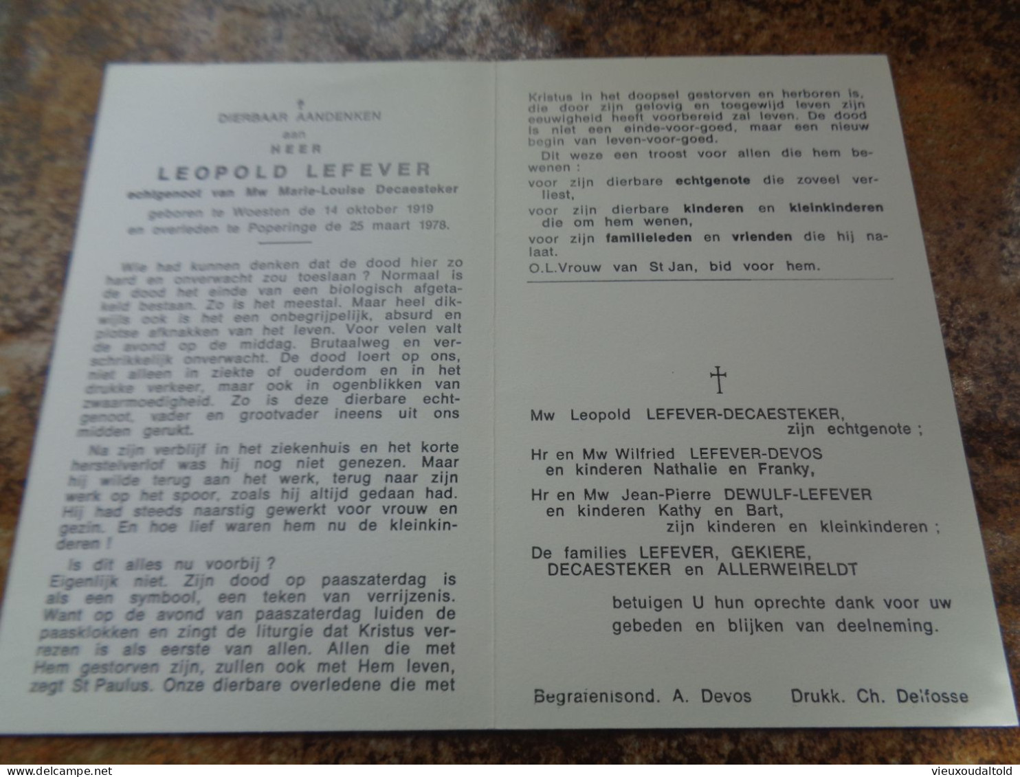 Doodsprentje/Bidprentje   LEOPOLD  LEFEVER    Woesten 1919-1978  Poperinge (Echtg Marie-Louise Decaesteker) - Religione & Esoterismo