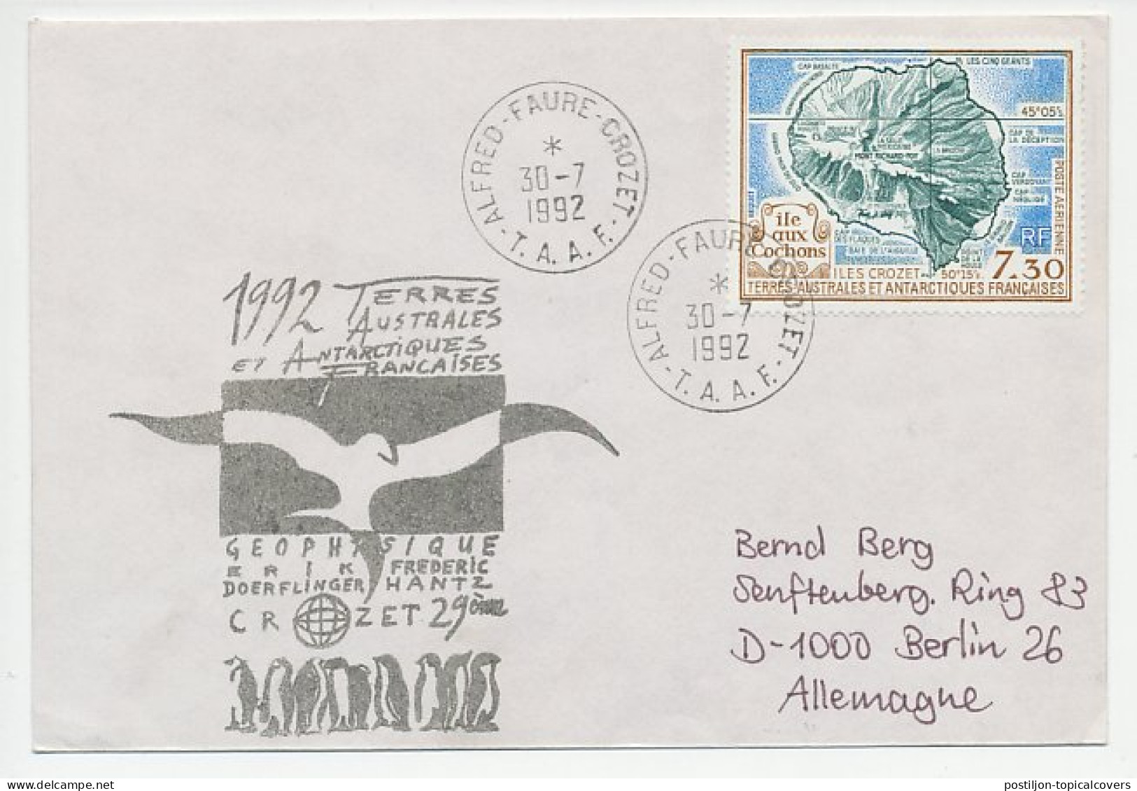 Cover / Postmark / Cachet T.A.A.F 1992 Geophysics - Penguin  - Arctic Expeditions