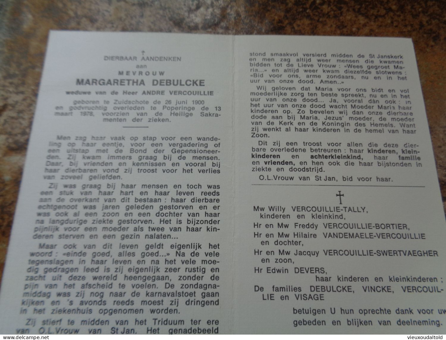 Doodsprentje/Bidprentje   MARGARETHA DEBULCKE   Zuidschote 1900-1978  Poperinge (Wwe Andre Vercouillie) - Godsdienst & Esoterisme