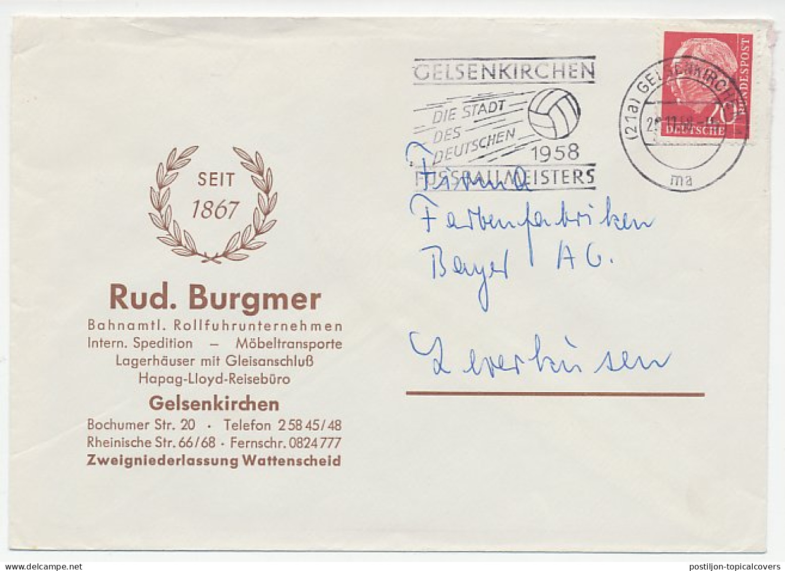 Cover / Postmark Germany 1958 Gelsenkirchen Football Champion 1958 - Altri & Non Classificati