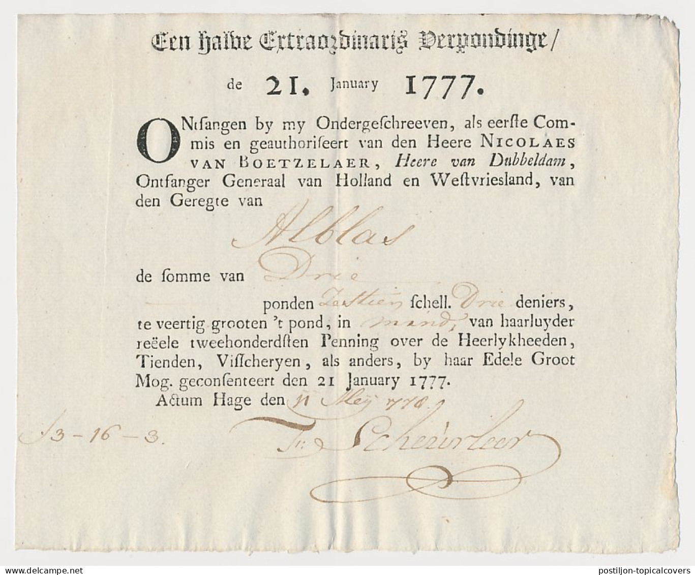 Kwitantie Halve Extraordinaris Verpondinge - Den Haag 1777 - Fiscaux