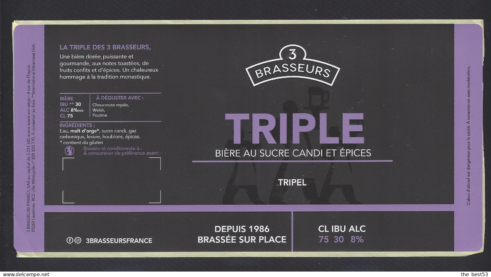 Etiquette De Bière Triple  -  Brasserie Des 3 Brasseurs à Lezennes   (59) - Birra
