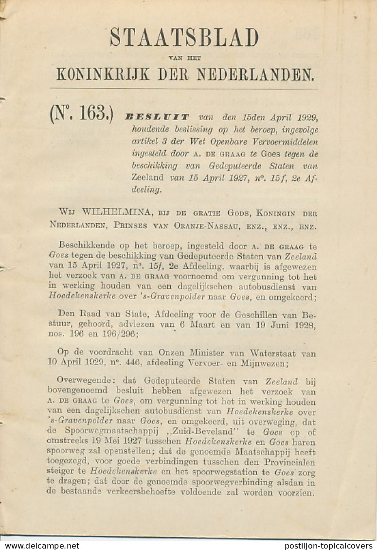 Staatsblad 1929 : Autobusdienst Hoedekenskerke - Goes - Historische Documenten
