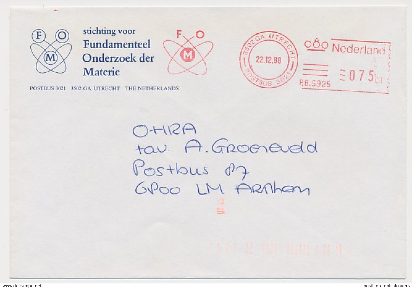 Meter Cover Netherlands 1988 FMO - Foundation For Fundamental Research Of Matter - Atom - Other & Unclassified