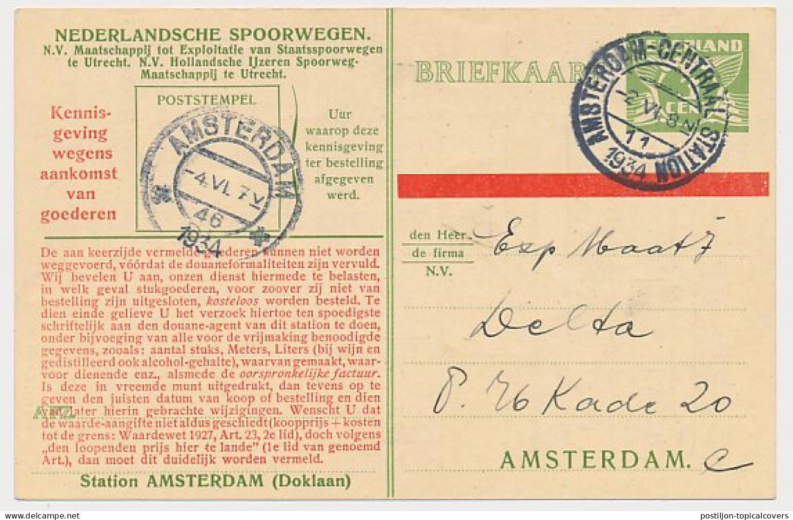 Spoorwegbriefkaart G. NS228 S - Locaal Te Amsterdam 1934 - Ganzsachen