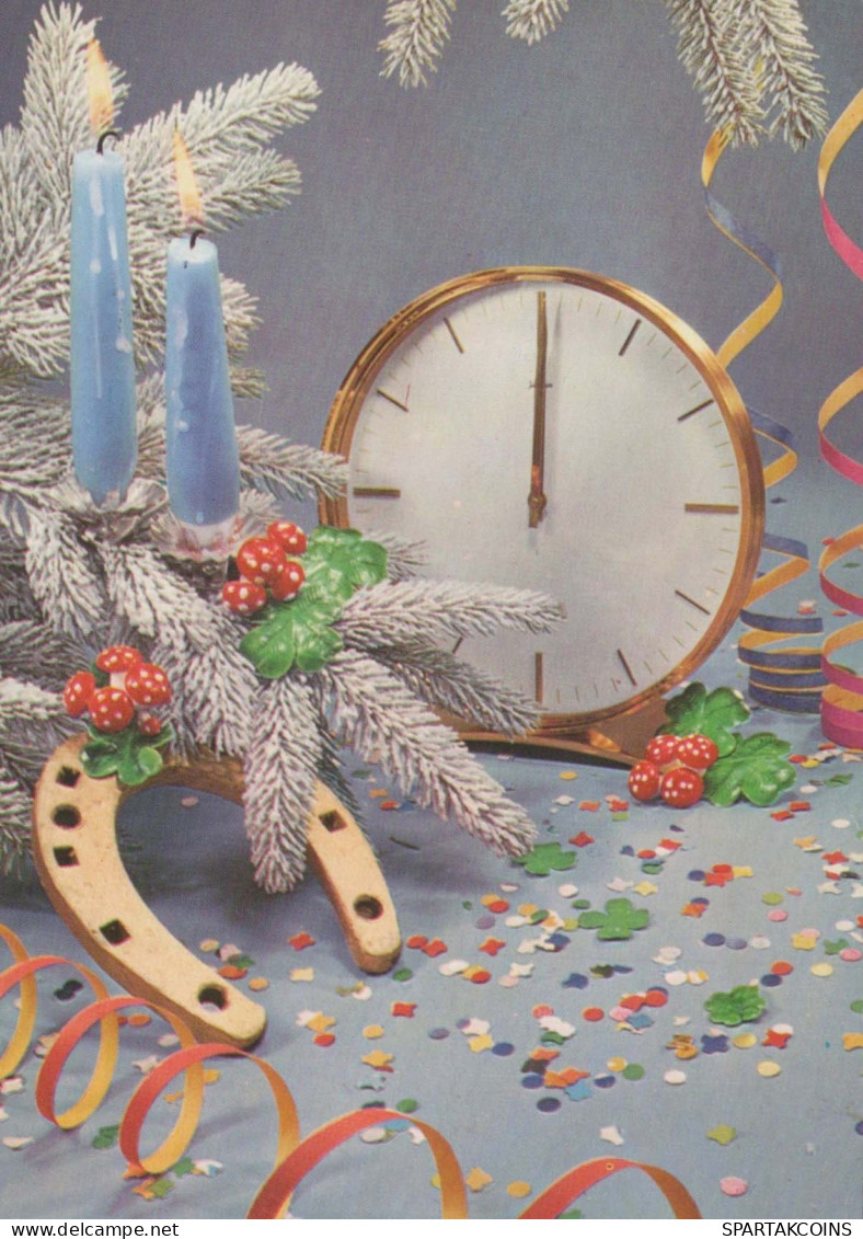 Buon Anno Natale OROLOGIO DA TAVOLO CAVALLOSHOE Vintage Cartolina CPSM #PAT738.IT - New Year