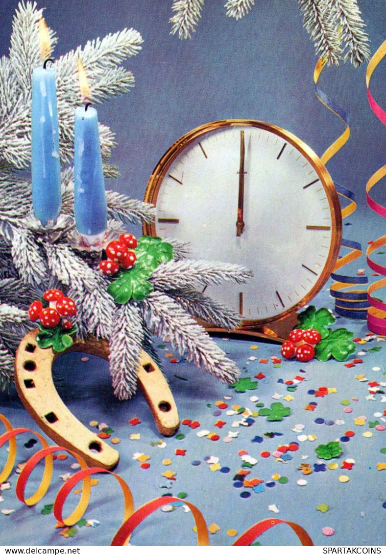 Buon Anno Natale OROLOGIO DA TAVOLO CAVALLOSHOE Vintage Cartolina CPSM #PAT738.IT - New Year