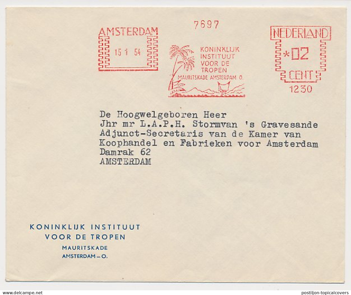 Meter Cover Netherlands 1954 - FR 1230 Royal Institute For The Tropics - Palm Tree - Arbres