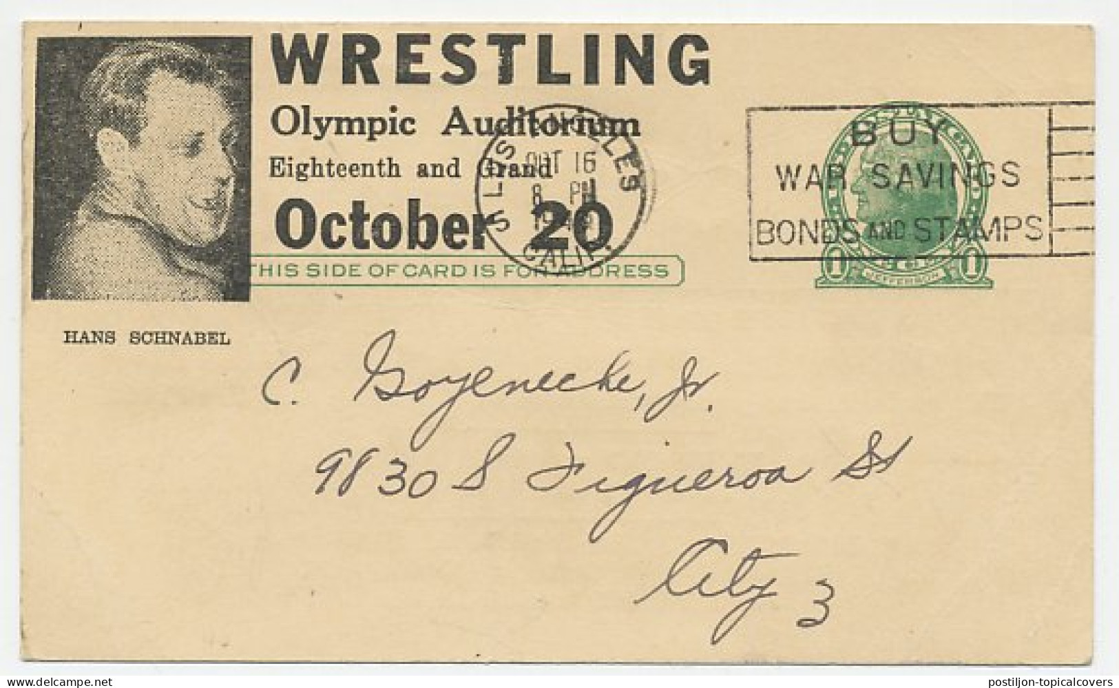 Postal Stationery USA 1943 Wrestling - Olympic Auditorium - Sonstige & Ohne Zuordnung