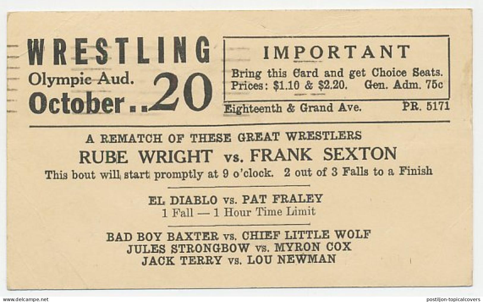 Postal Stationery USA 1943 Wrestling - Olympic Auditorium - Autres & Non Classés