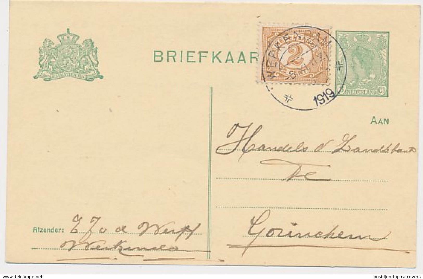 Briefkaart G. 99 A I / Bijfrankering Werkendam - Gorinchem 1919 - Ganzsachen