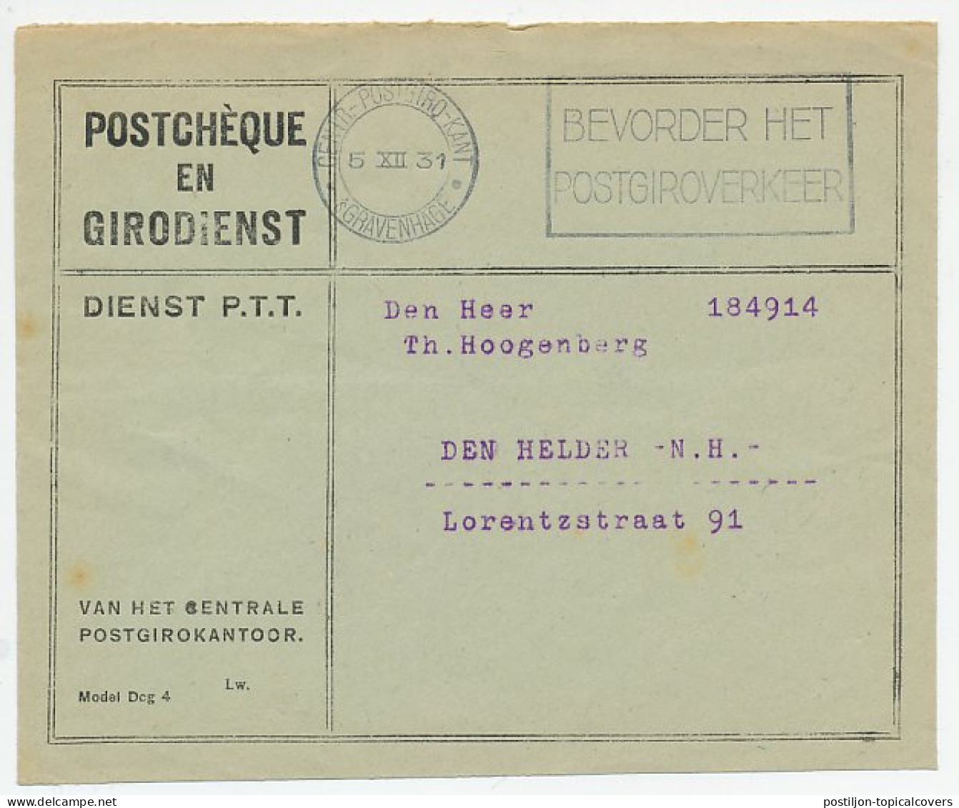 Machinestempel Postgiro Kantoor Den Haag 1931 ( Front ) - Ohne Zuordnung
