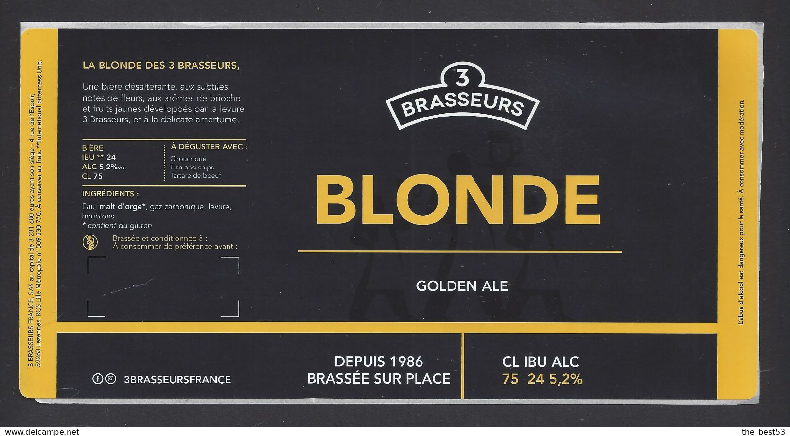 Etiquette De Bière Blonde  -  Brasserie Des 3 Brasseurs à Lezennes   (59) - Bière