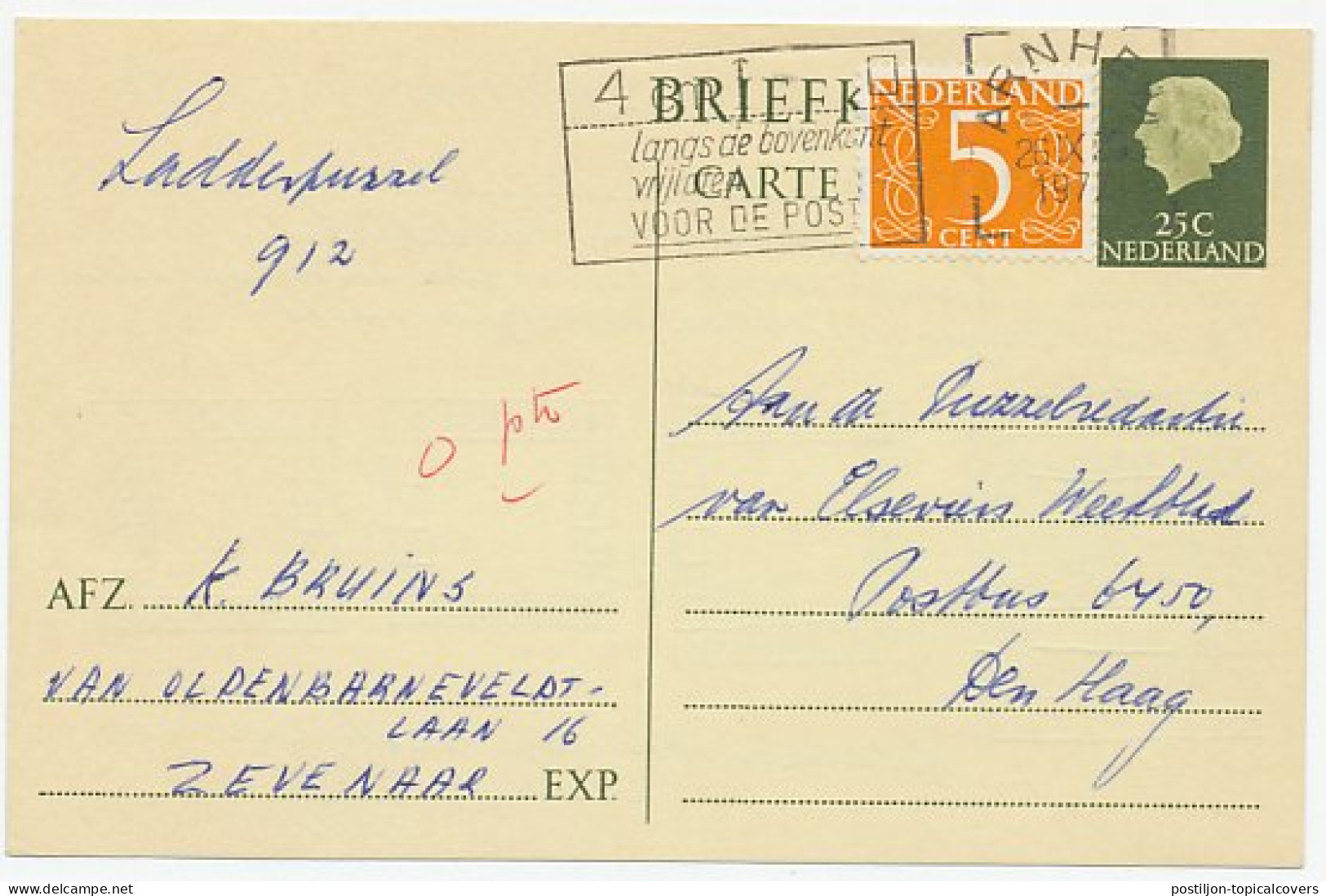 Briefkaart G. 334 / Bijfrankering Arnhem - Den Haag 1972 - Ganzsachen