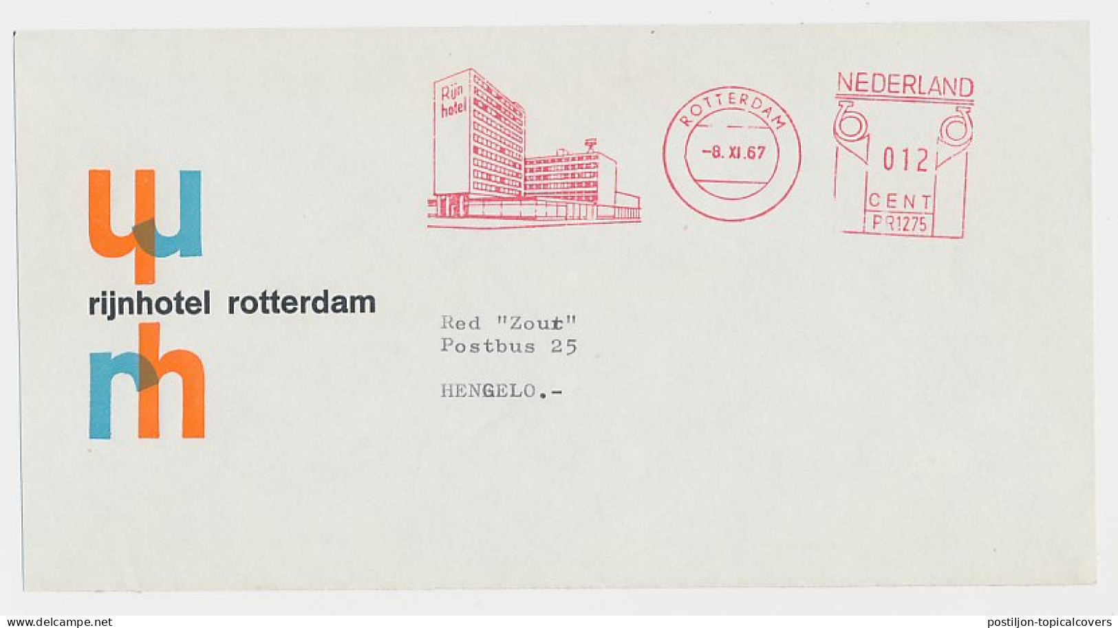 Meter Cover Netherlands 1967 Hotel - Rijnhotel - Rotterdam - Autres & Non Classés