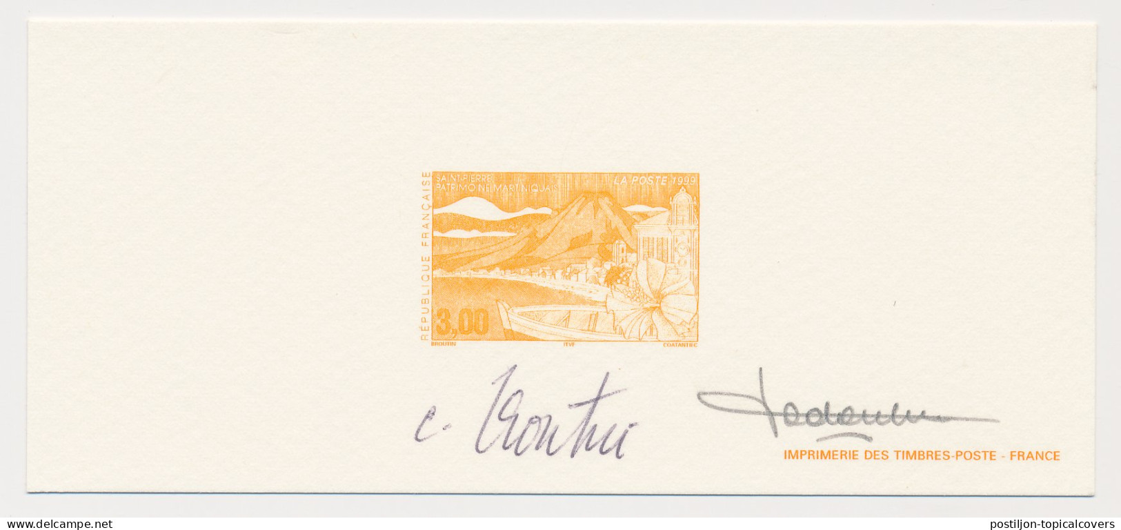 France 1999 - Epreuve / Proof Signed By Engraver Volcano Mont Pelee - Martinique - Saint Pierre - Autres & Non Classés
