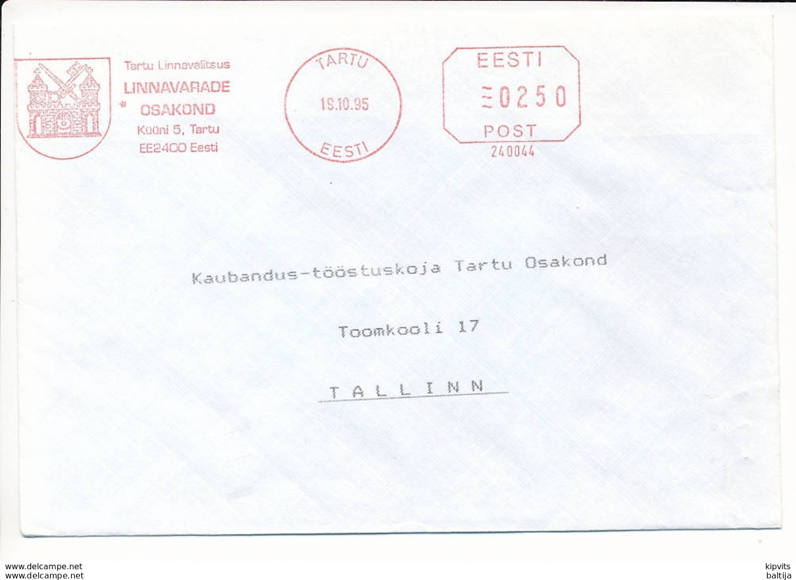 Slogan Meter Cover / Pitney Bowes #240044, City Property Department / Heraldry - 19 October 1995 Tartu - Estland