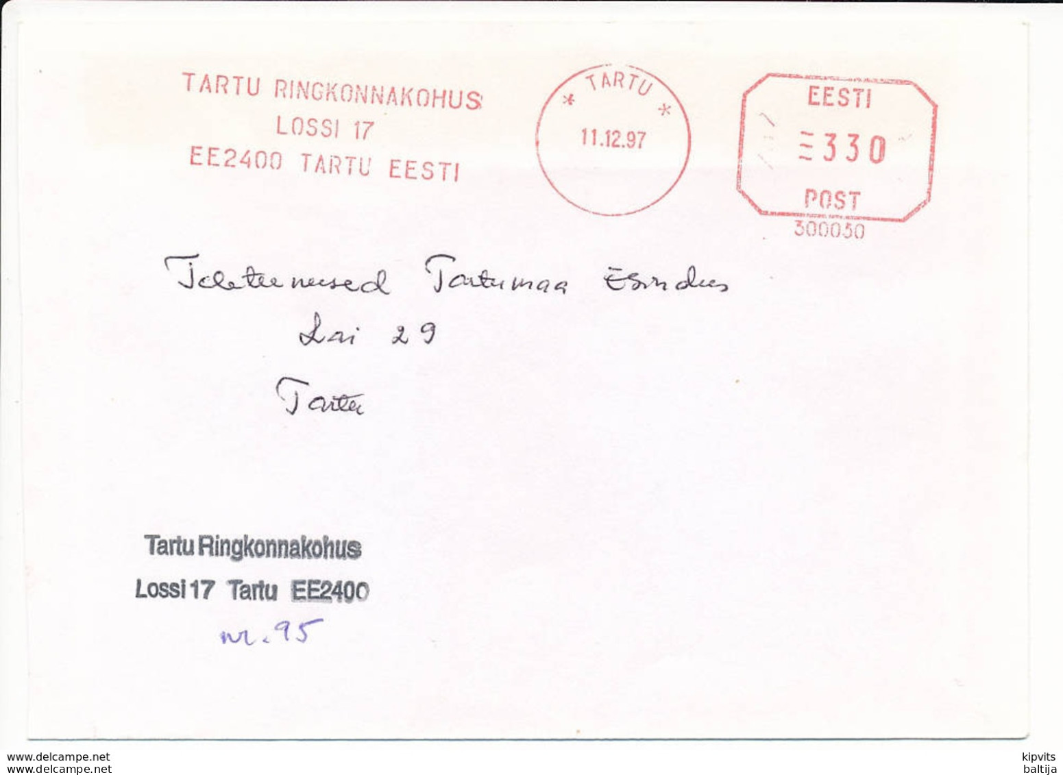 Slogan Meter Cover / Pitney Bowes #300030, District Court - 11 December 1997 Tartu - Estonie