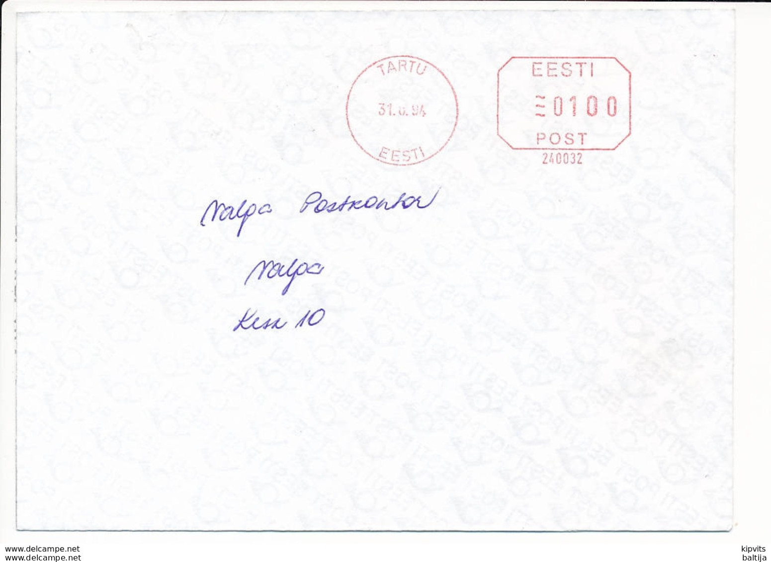 Meter Cover / Pitney Bowes #240032 - 31 August 1994 Tartu - Estland