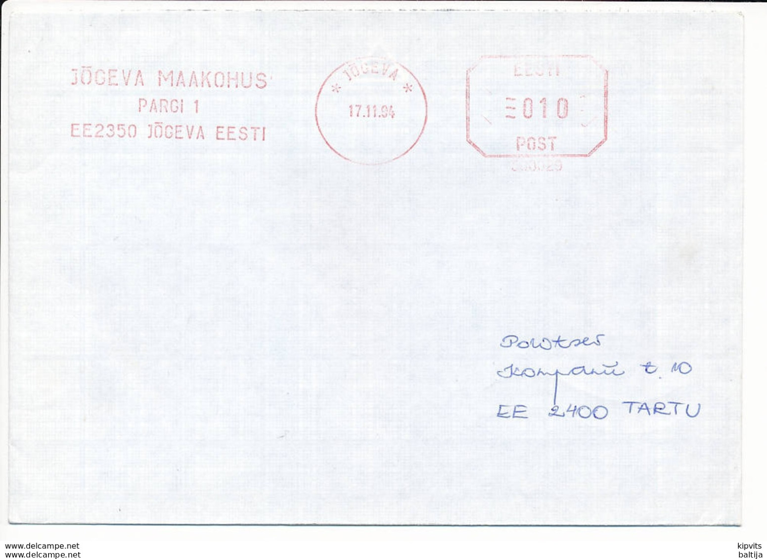 Slogan Meter Cover / Pitney Bowes #300029, County Court - 17 November 1994 Jõgeva - Estonie