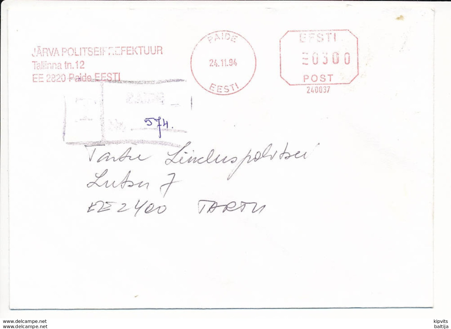 Registered Slogan Slogan Meter Cover / Pitney Bowes #240037, Police Prefecture - 24 November 1994 Paide - Estland