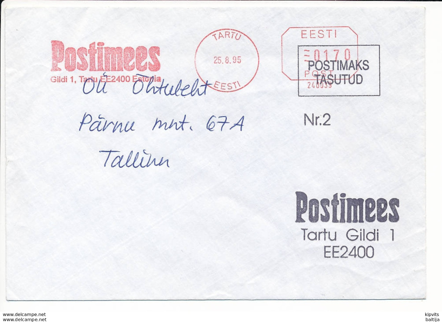 Slogan Meter Cover / Pitney Bowes #240039, Postimees Newspaper - 25 August 1995 Tartu - Estland