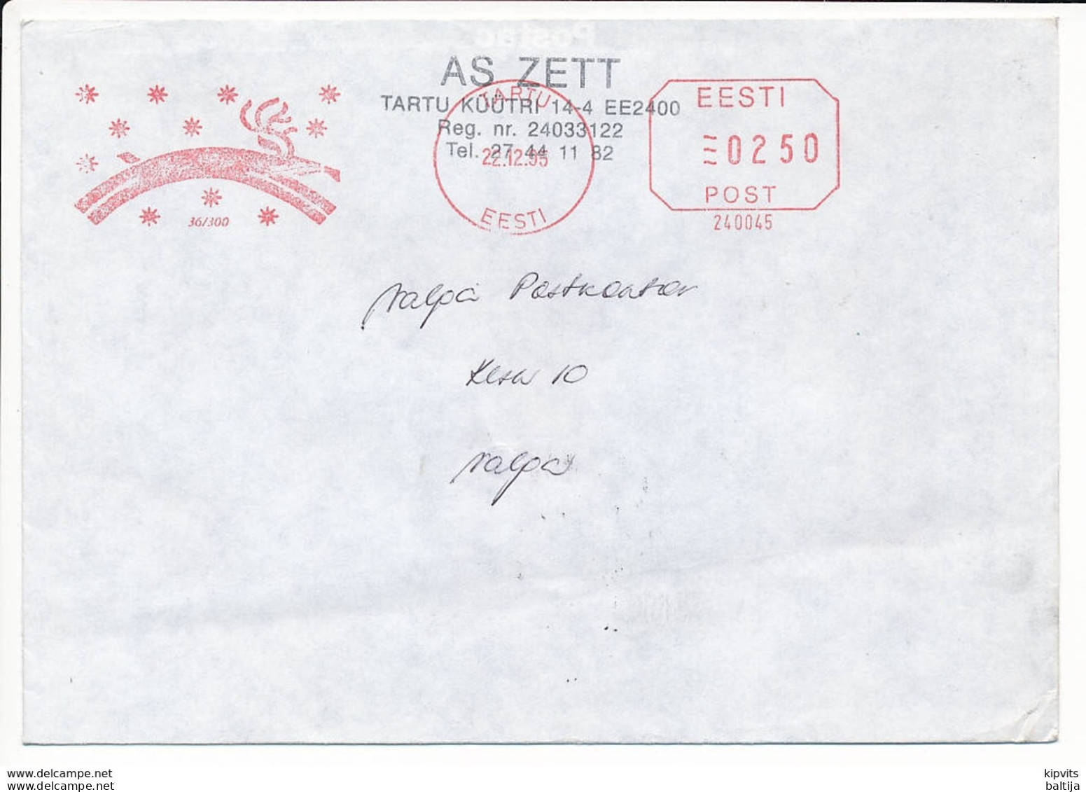 Slogan Meter Cover / Pitney Bowes #240045 - 22 December 1995 Tartu - Estland