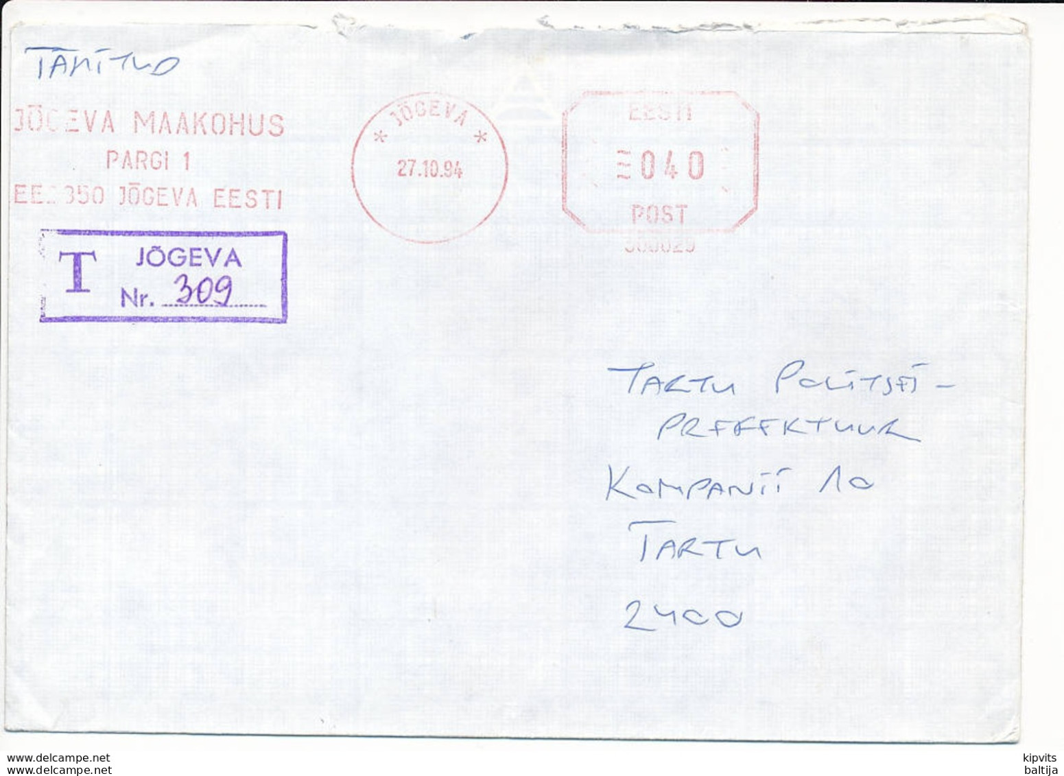 Registered Slogan Meter Cover / Pitney Bowes #300029, County Court - 27 October 1994 Jõgeva - Estland