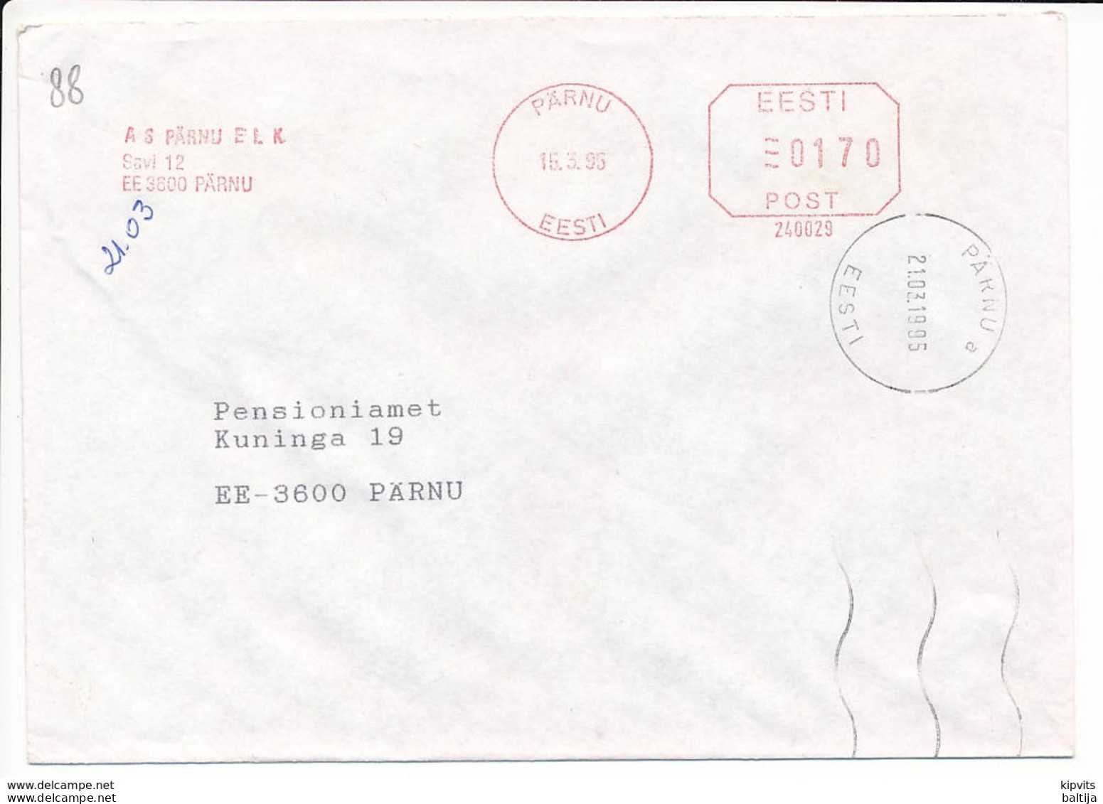 Slogan Meter Cover / Pitney Bowes #240029 - 15 March 1995 Pärnu - Estonia