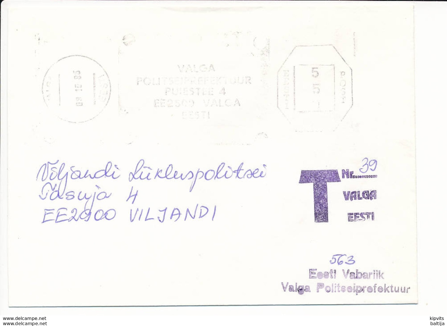 Registered Meter Cover / Soviet Style, Police Prefecture - 9 October 1995 Valga - Estonie
