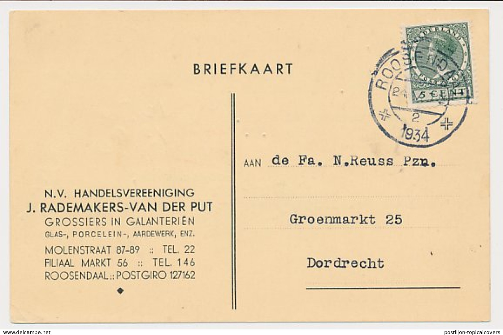 Firma Briefkaart Roosendaal 1934 - Grossier - Glas - Porcelein - Ohne Zuordnung