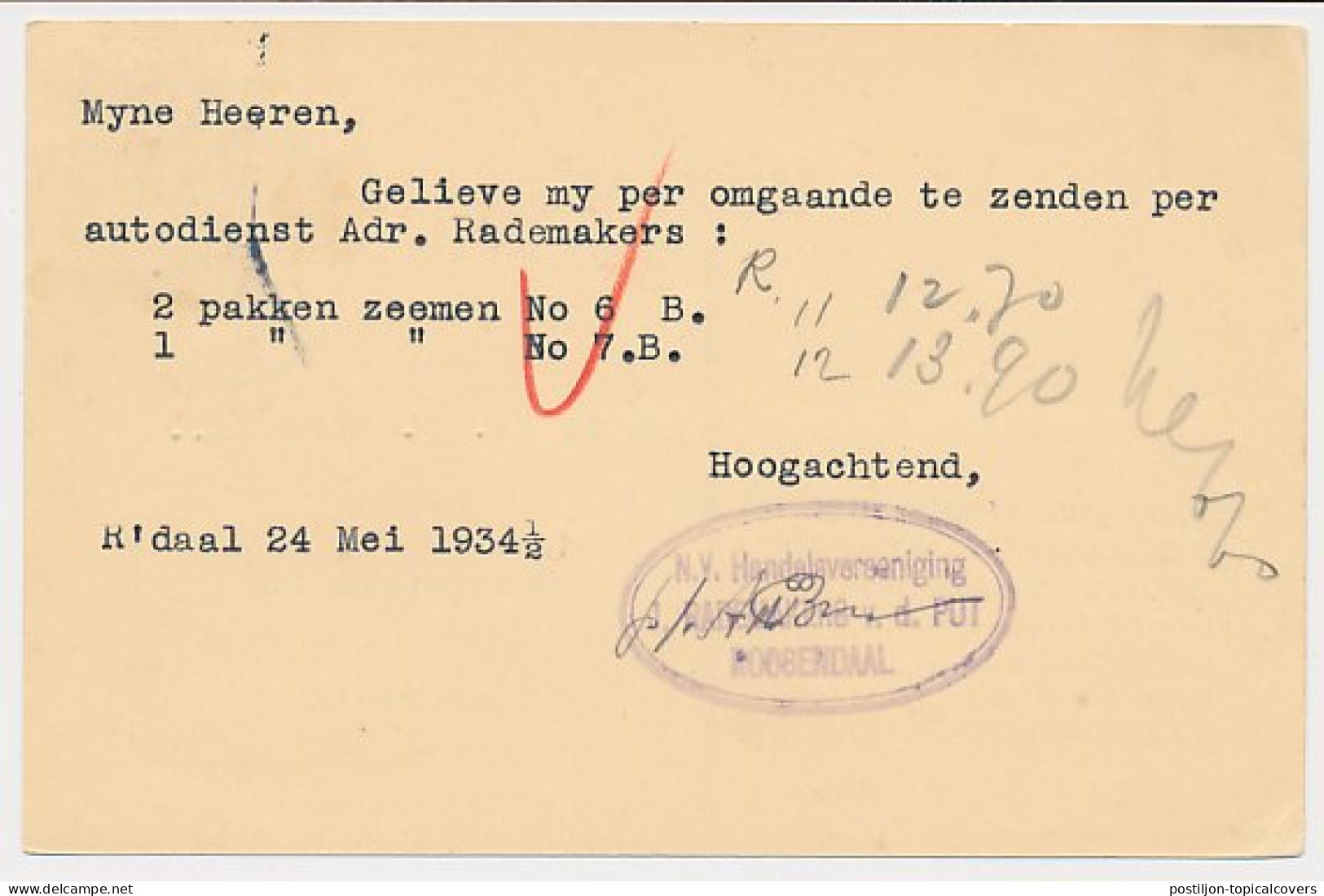 Firma Briefkaart Roosendaal 1934 - Grossier - Glas - Porcelein - Ohne Zuordnung