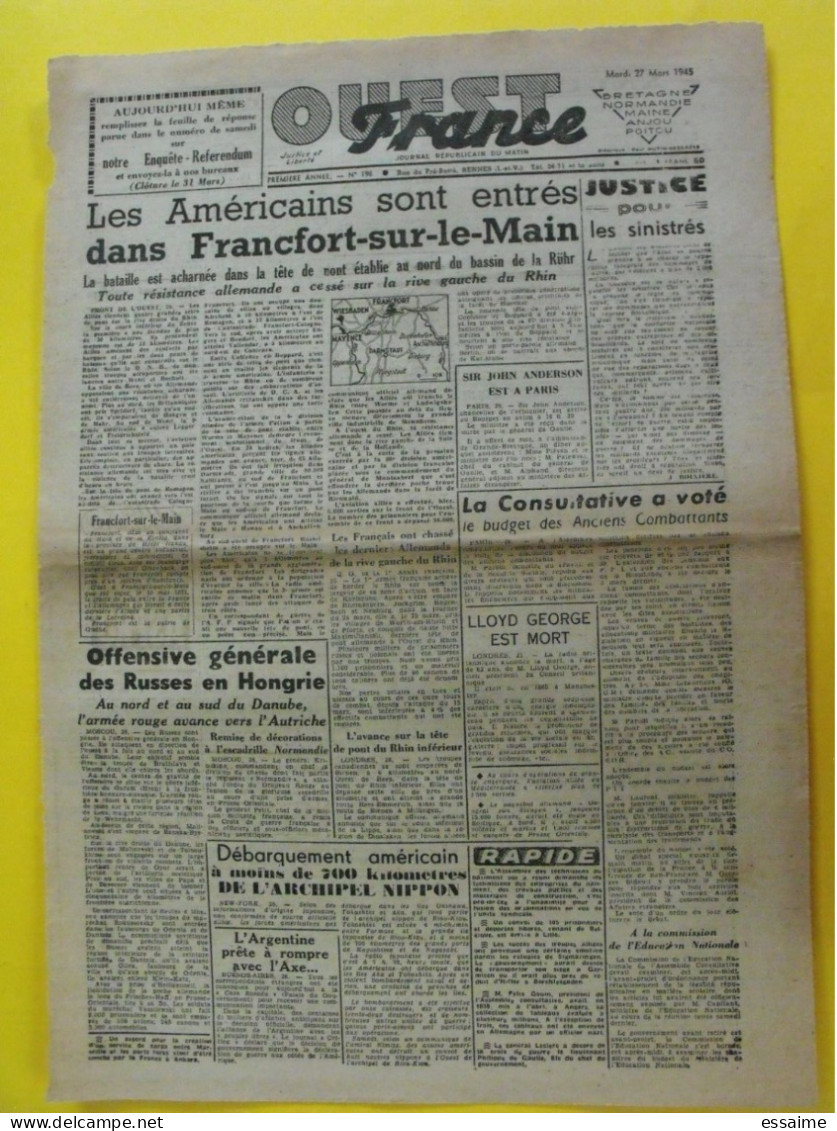Journal L'Ouest France Du 27 Mars 1945. Guerre De Gaulle  Japon Angers Prisonniers Libérés - Autres & Non Classés
