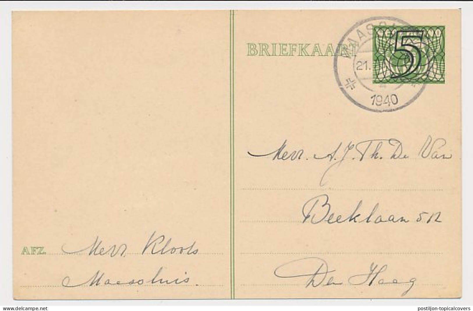 Briefkaart G. 263 Maassluis - Den Haag 1940 - Ganzsachen
