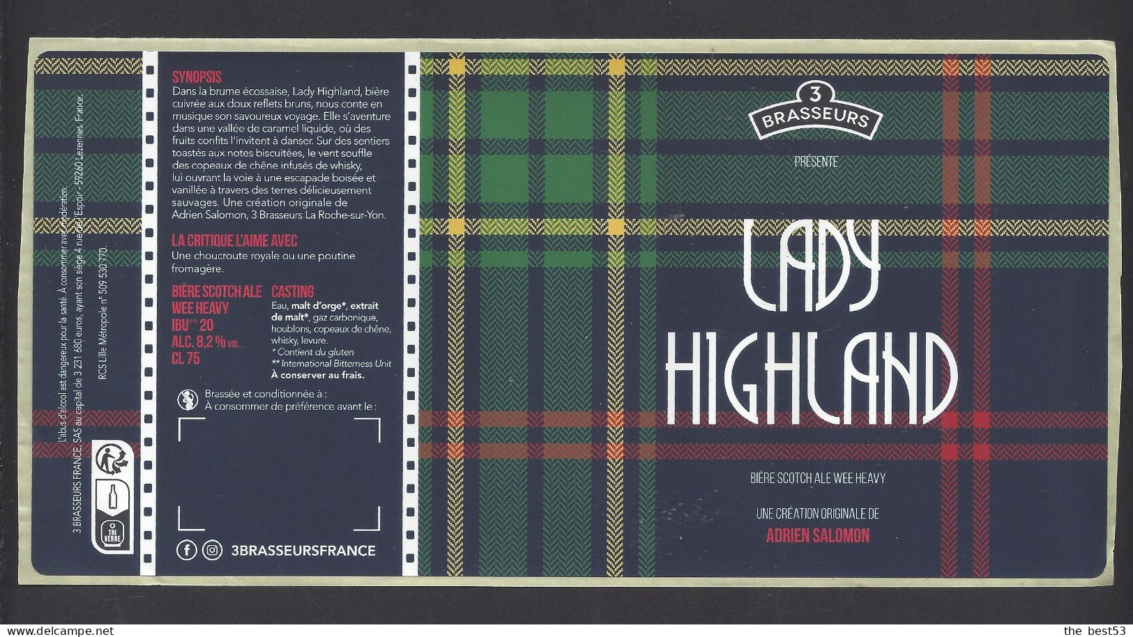 Etiquette De Bière Cuivrée  -  Lady Highland  -  Brasserie Des 3 Brasseurs à Lezennes   (59) - Bière