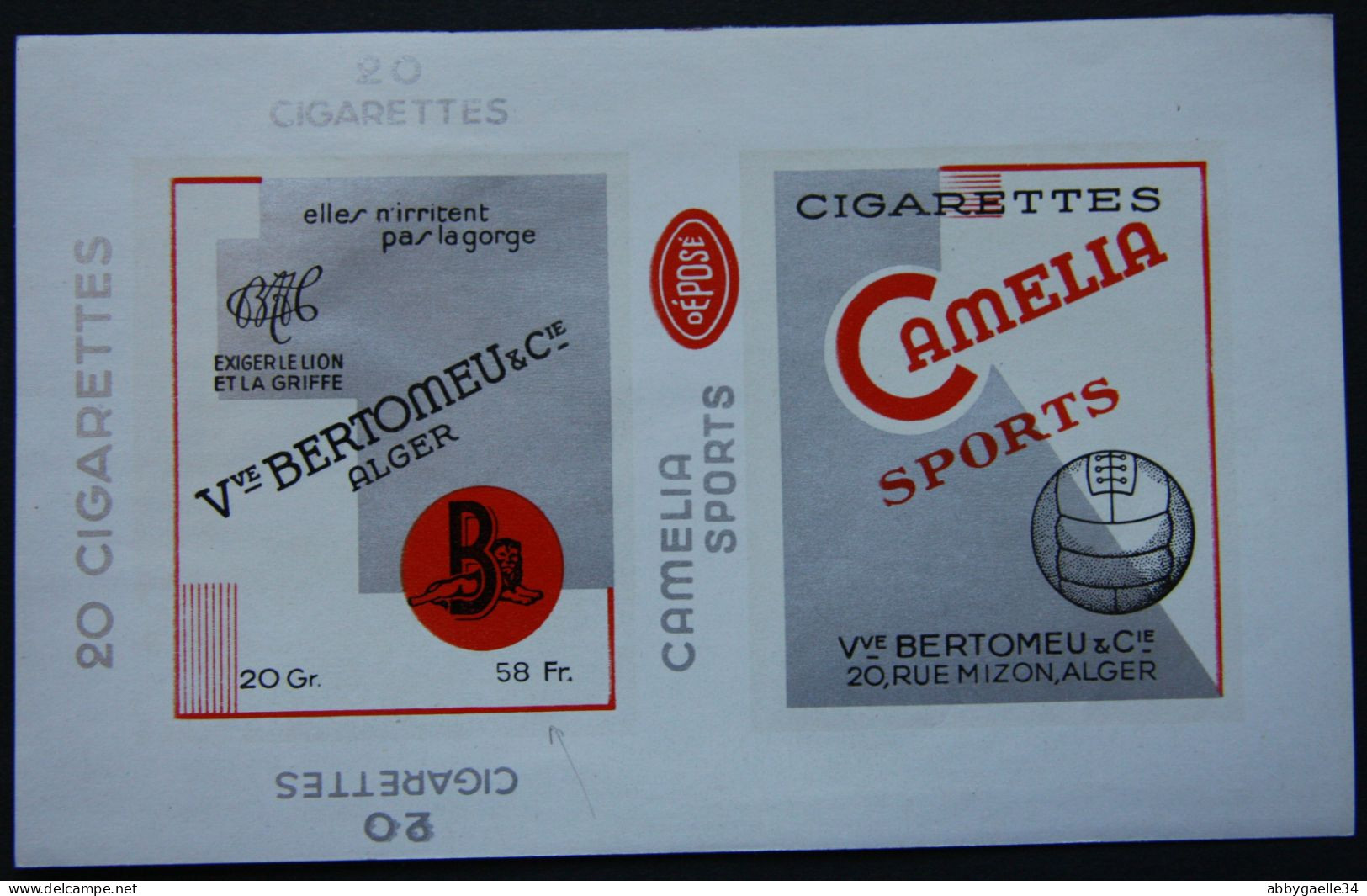 Rare Paquet De Cigarettes Non-plié Vve BERTOMIEU & Cie " Cigarettes CAMELIA SPORTS Alger 20gr Pour 58 Fr Ballon Algérie - Otros & Sin Clasificación