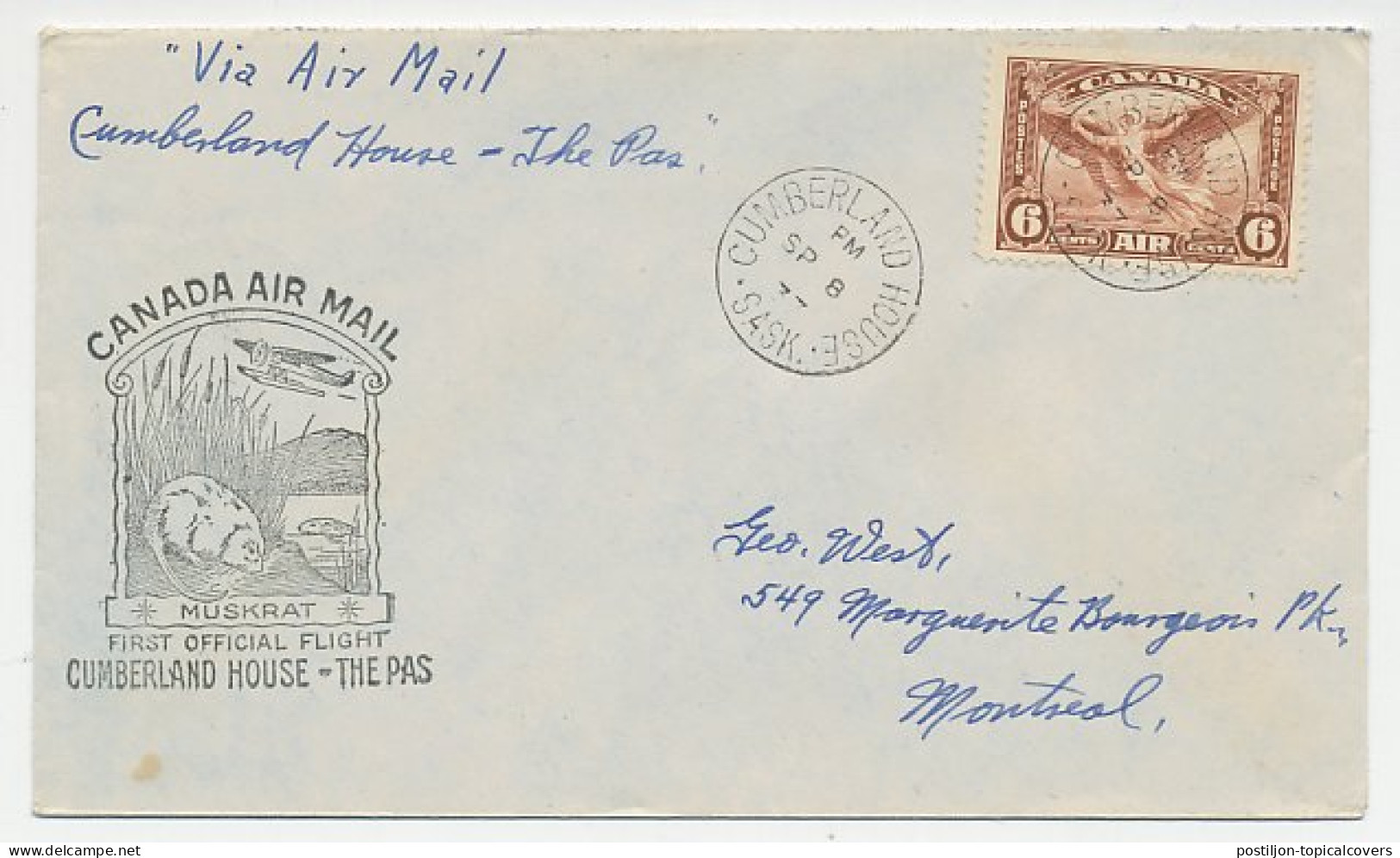 FFC / First Flight Cover Canada 1937 Muskrat - Cumberland House - The Pas - Otros & Sin Clasificación