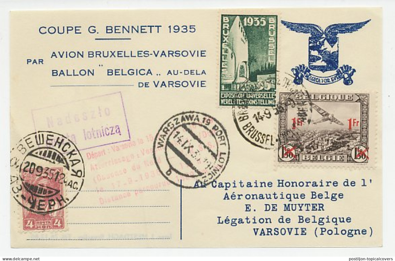 Card / Postmark Belgium 1935 Air Balloon - Gordon Bennet - Belgium - Poland - Soviet Union - Flugzeuge