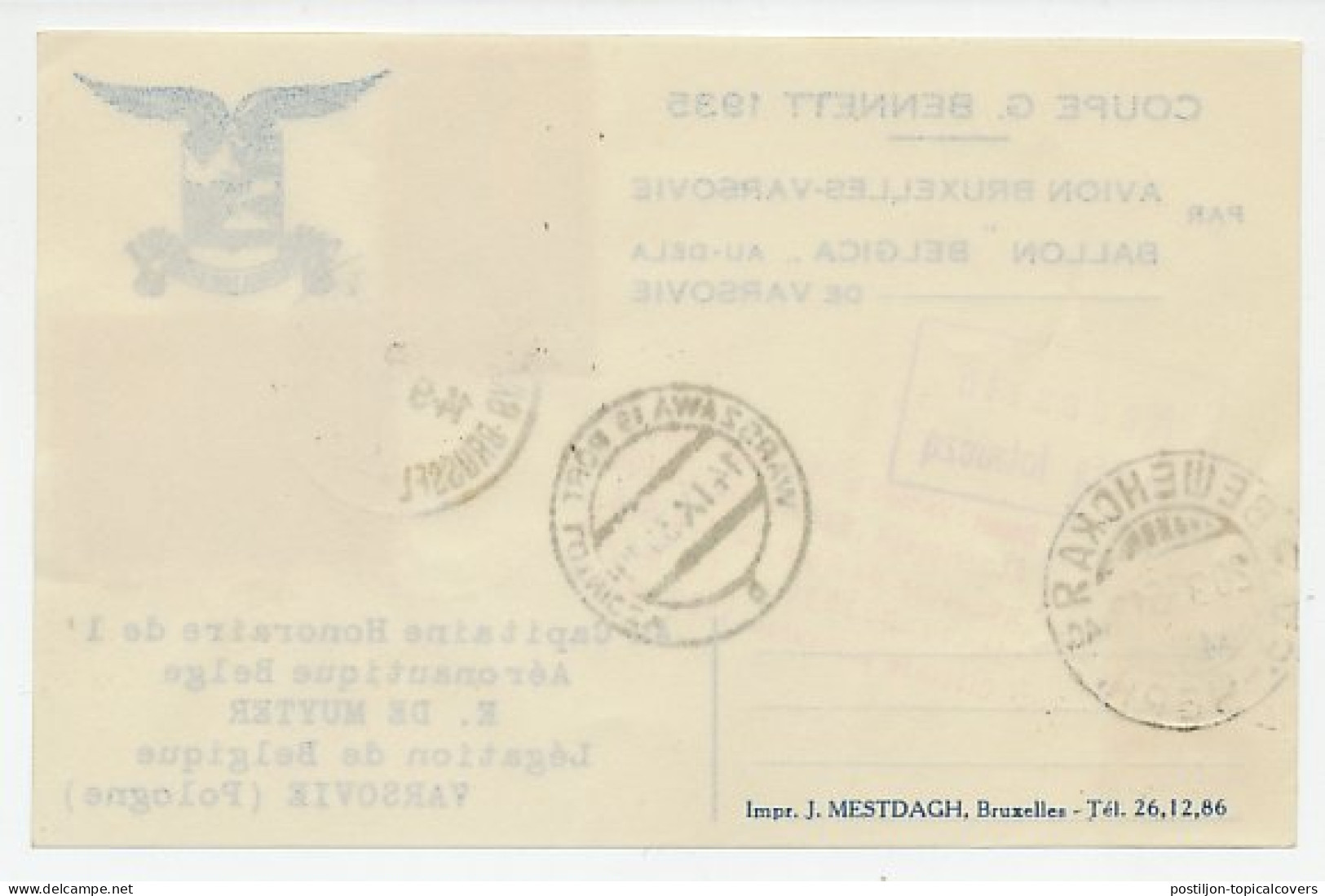 Card / Postmark Belgium 1935 Air Balloon - Gordon Bennet - Belgium - Poland - Soviet Union - Airplanes