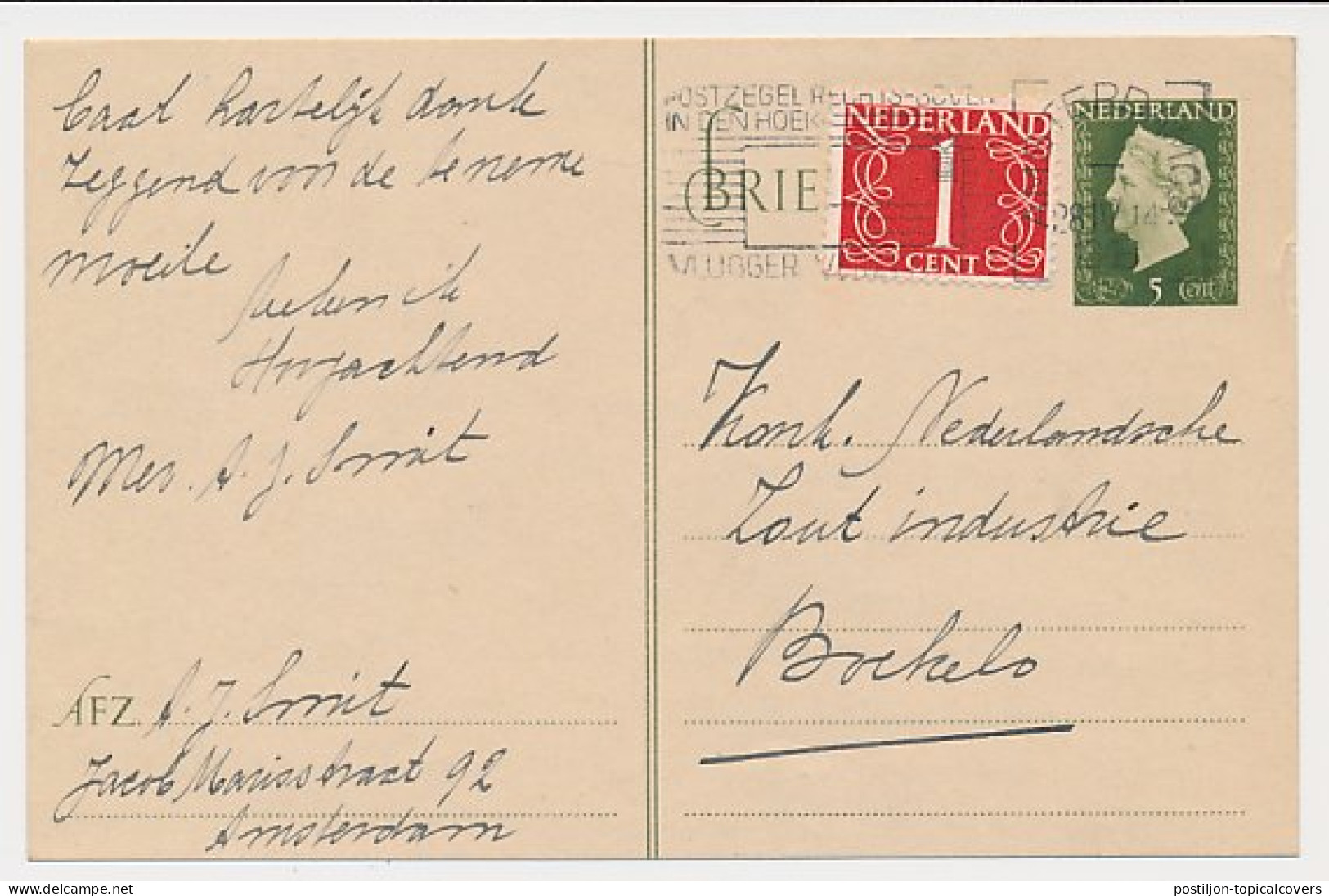 Briefkaart G. 291 A / Bijfrankering Amsterdam - Boekelo 1948 - Ganzsachen