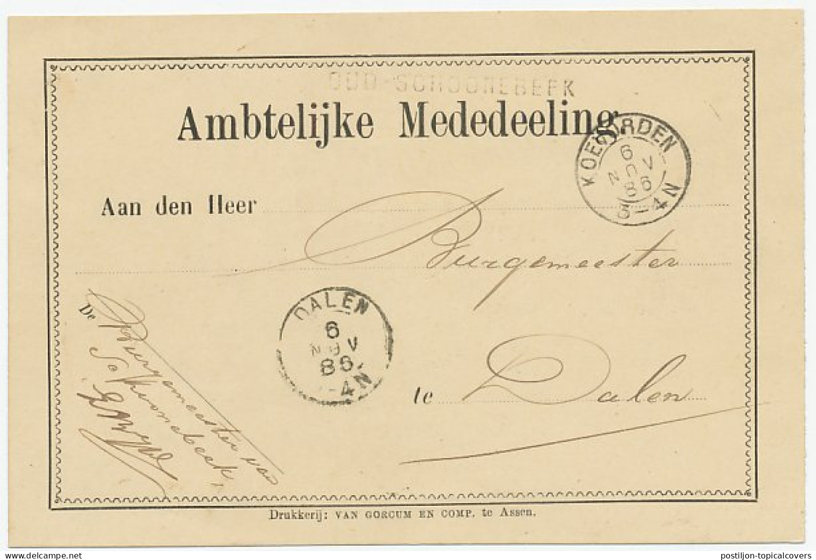 Naamstempel Oud - Schoonebeek 1886 - Briefe U. Dokumente