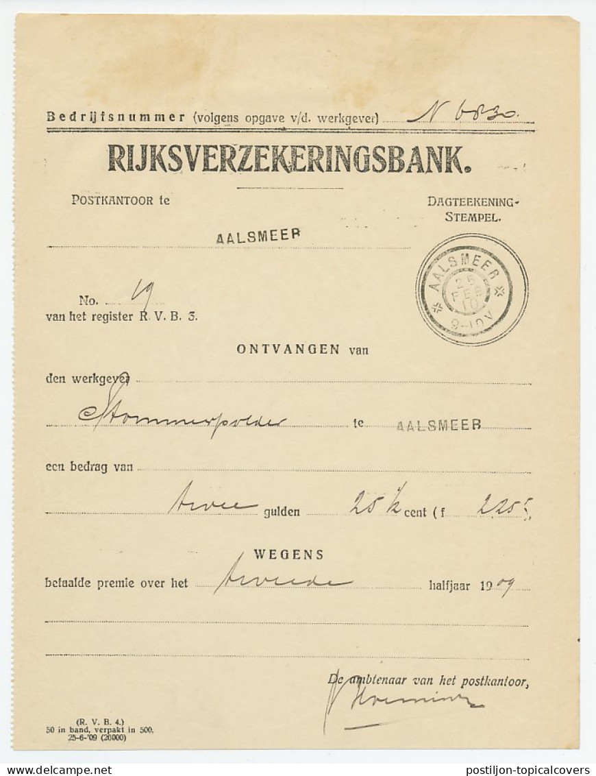 Aalsmeer 1910 - Kwitantie Rijksverzekeringsbank - Non Classés