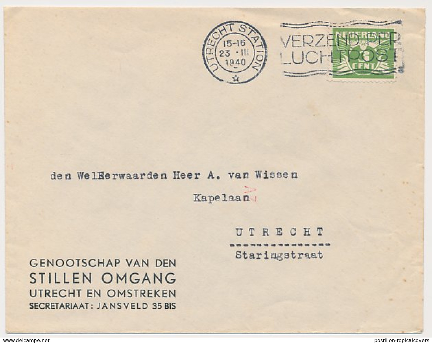 Envelop Utrecht 1940 - Genootschap V.d. Stillen Omgang - Ohne Zuordnung