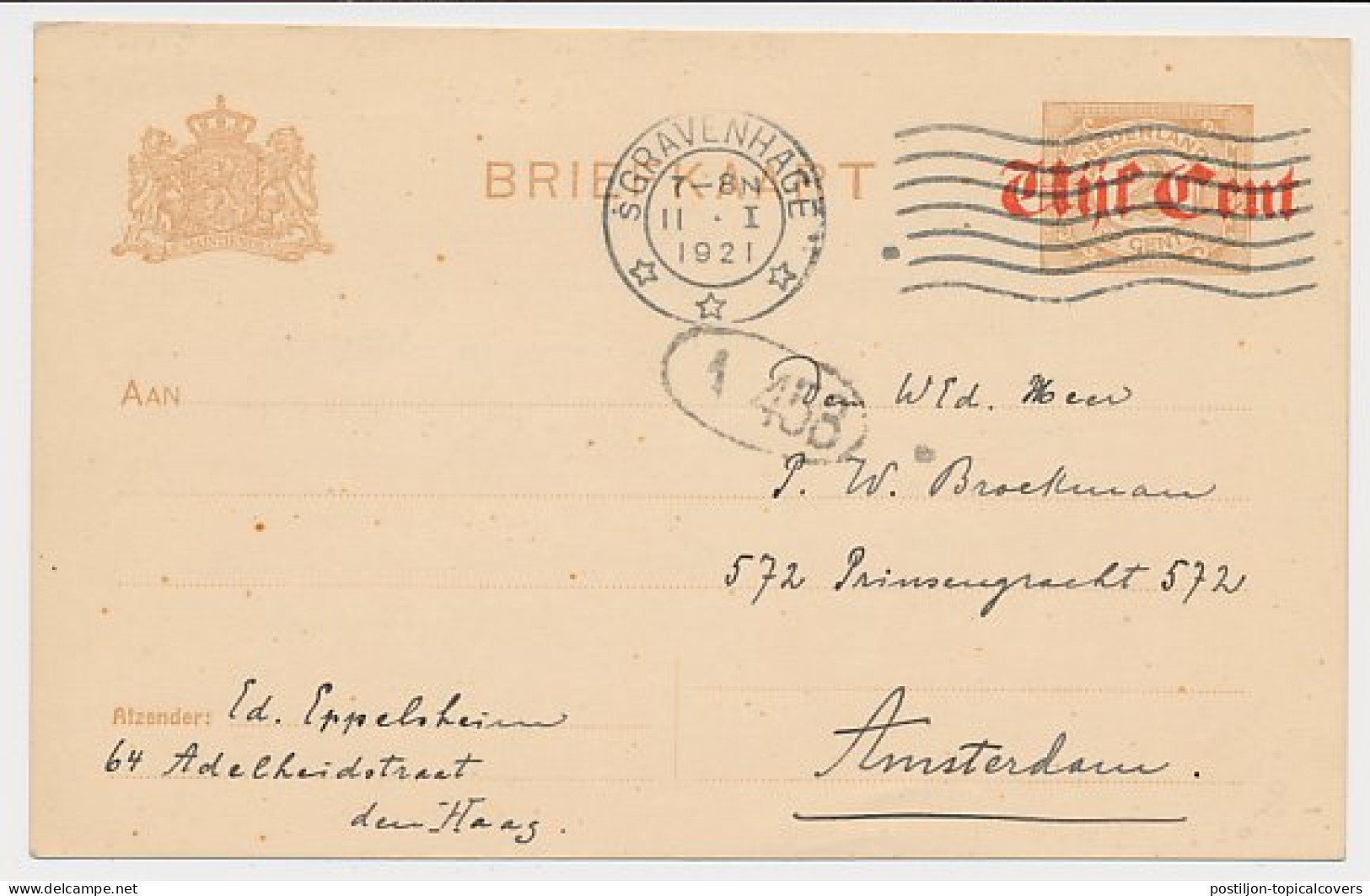 Briefkaart G. 107 A II S Gravenhage - Amsterdam 1921 - Ganzsachen