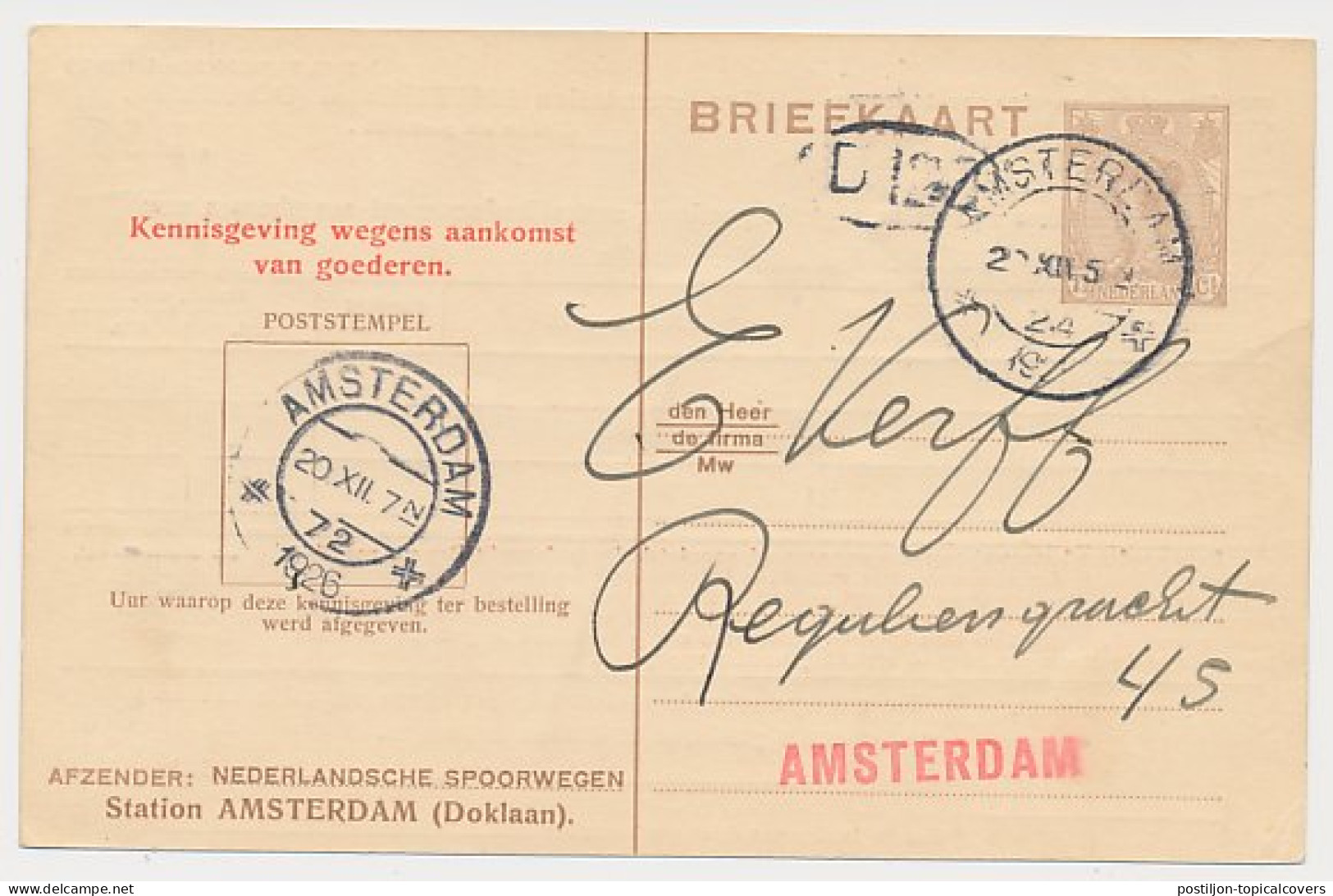 Spoorwegbriefkaart G. NS198 K - Locaal Te Amsterdam 1926 - Ganzsachen