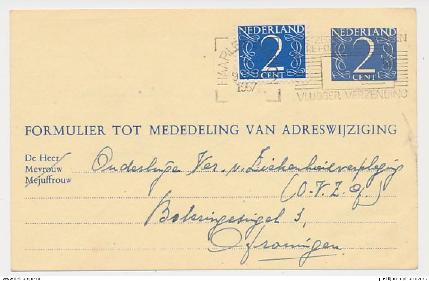 Verhuiskaart G. 24 Haarlem - Groningen 1957 - Ganzsachen