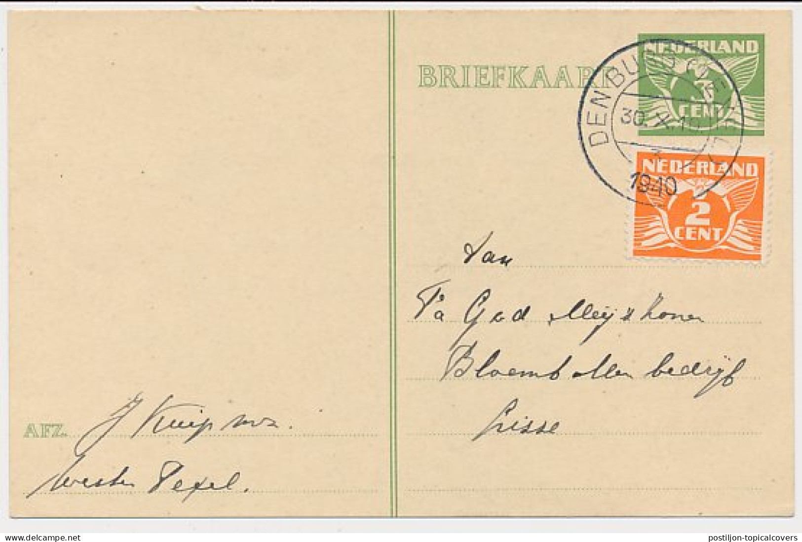 Briefkaart G. 228 / Bijfrankering Den Burg Texel - Lisse 1940 - Ganzsachen