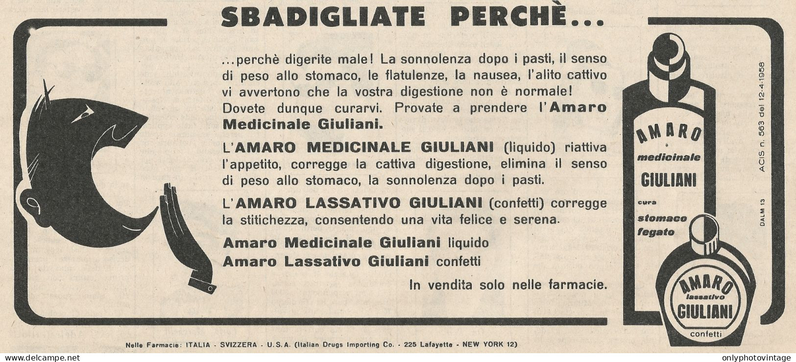 W1745 Amaro Medicinale Giuliani - Pubblicità Del 1958 - Vintage Advertising - Advertising