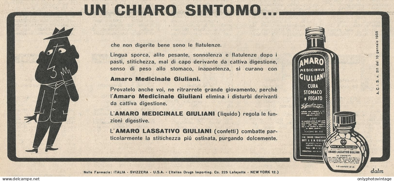 W1737 Amaro Medicinale Giuliani - Pubblicità Del 1958 - Vintage Advertising - Advertising