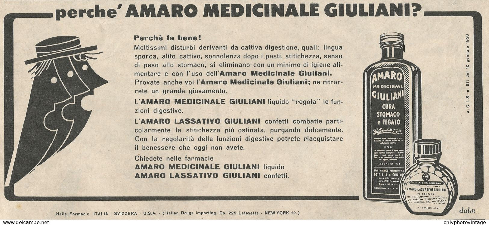 W1734 Amaro Medicinale Giuliani - Pubblicità Del 1958 - Vintage Advertising - Advertising